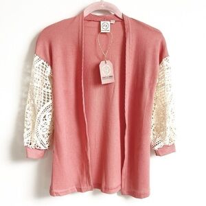 NWT Southern Grace Crochet Knit Boho Girls Open Cardigan Sweater Peach Cream 6/7